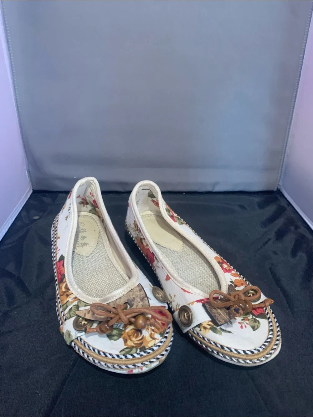Floral Canvas Slip-On Flats with Brown Bow Detail - White Floral
